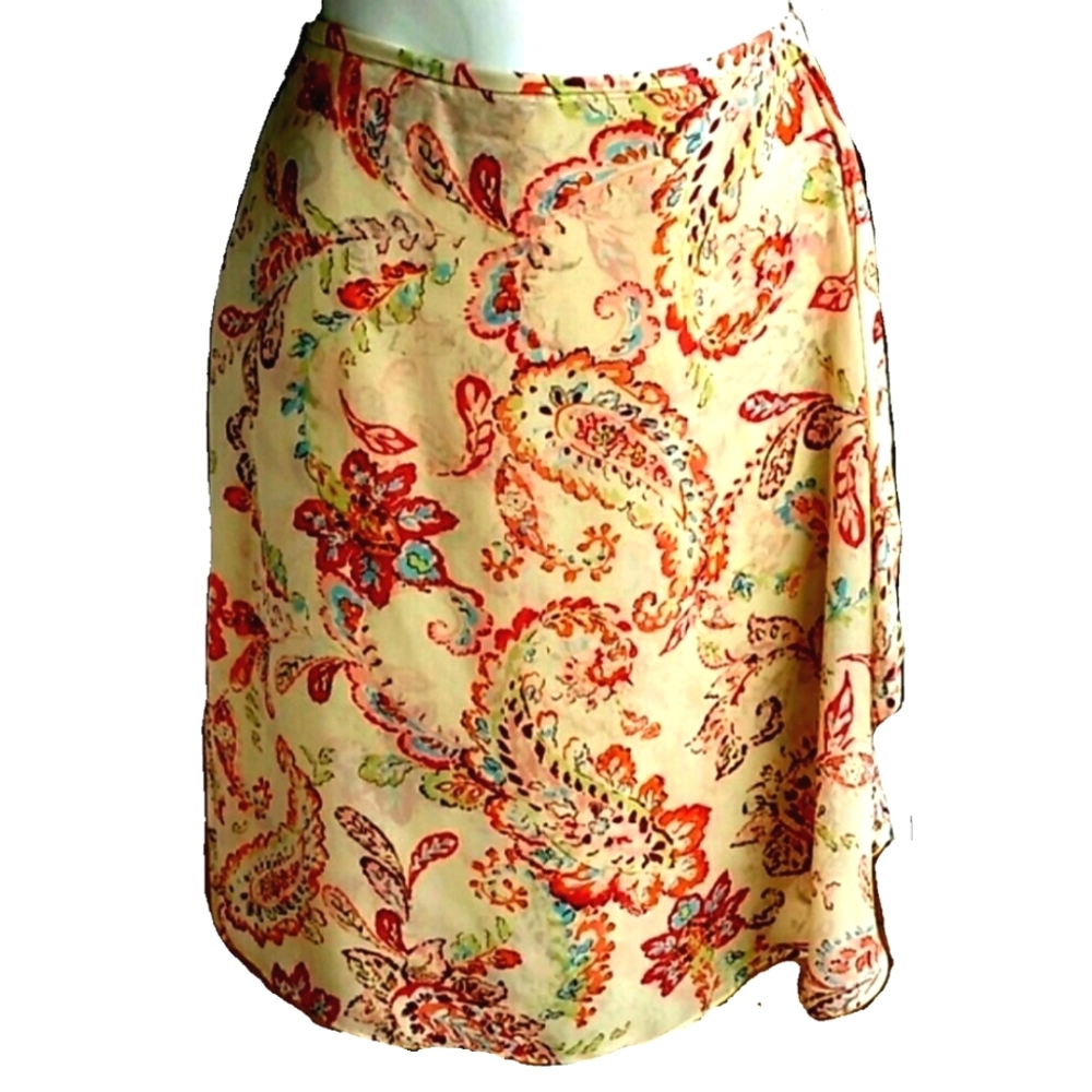 Ann Taylor Floral Paisley Yellow Red Silk Faux Wrap Skirt Size 6 Petite